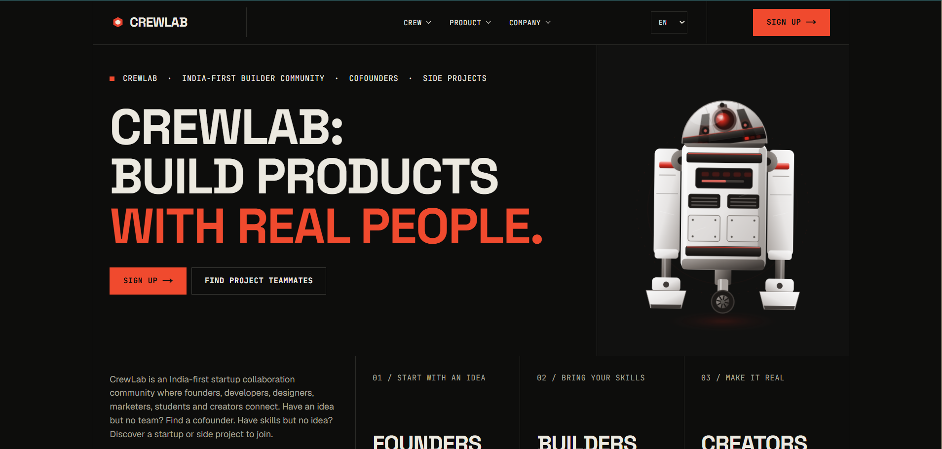CrewLab homepage showing its builder-community message, a robot illustration, and founder, builder, and creator sections